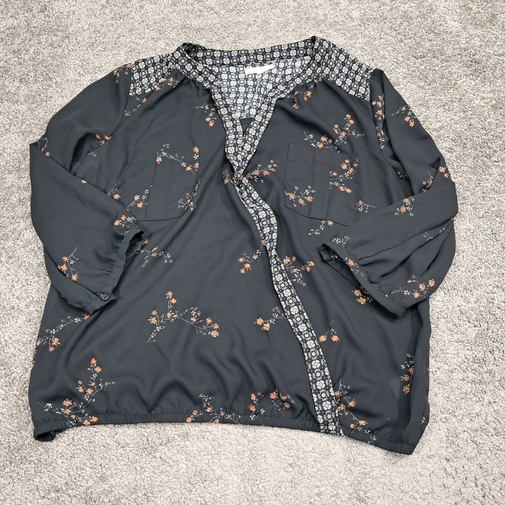 Maurices Womens Black Floral Mixed Print Surplice V-Neck Blouse 3/4 Sleeve L